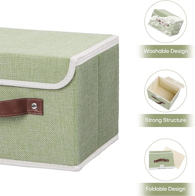 ANMINY 2PCS Storage Bins with Lid PU Leather Handles Storage Boxes PP Plastic Board Decorative Foldable Lidded Cotton Linen Fabric Home Cubes Baskets Closet Organizer Containers - Green, Small Size
