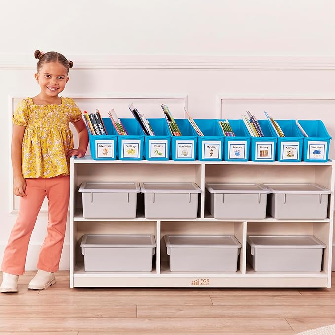 ECR4Kids Linking Plastic Storage Book Bin, Multipurpose Organization, Neon Blue, 10-Piece