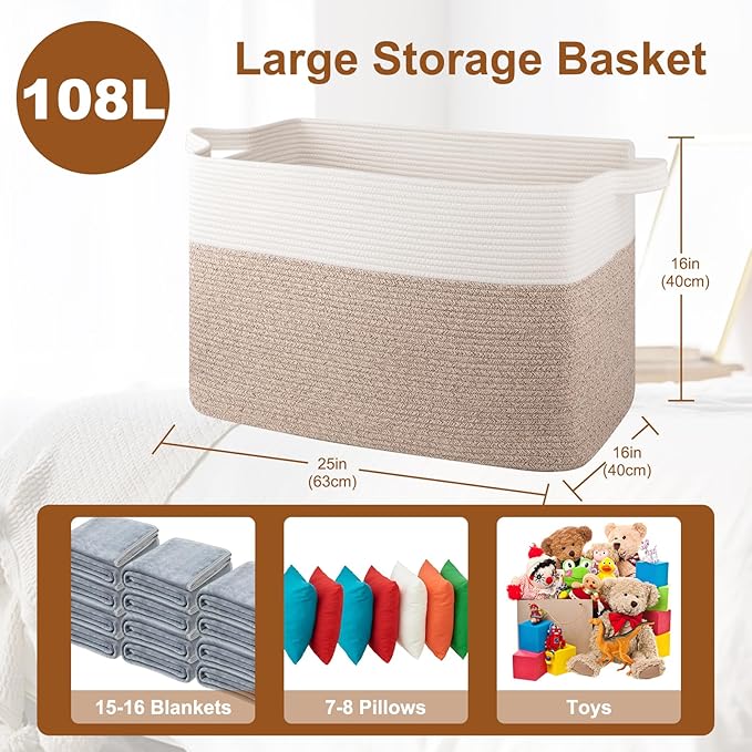 OIASKET XXXL Supre Large Blanket Basket for Clothes, Towels, Pillows, 108L Cotton Rope Storage Basket for Living Room, Woven Toy Storage for Kids, 25" x 16" x 16", Brown and White