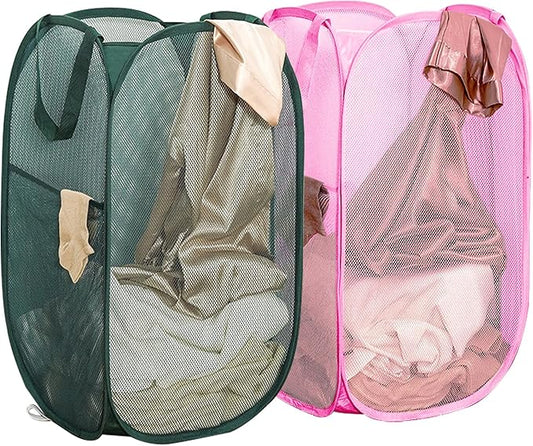 Pop Up Laundry Hamper Thick Mesh Collapsible Laundry Baskets, Large Side Pocket, Strong Handles, Travel Friendly for Cruise, RV (Green+Pink)