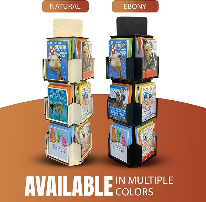 Rotating Greeting Card Display Stand, 3 Tier Wooden Organizer, 4-Sided Display Rack 360 Degree Spinning Multi-Pocket Display for Coasters, Stickers, Retail, Showcase, Tradeshow (Ebony)