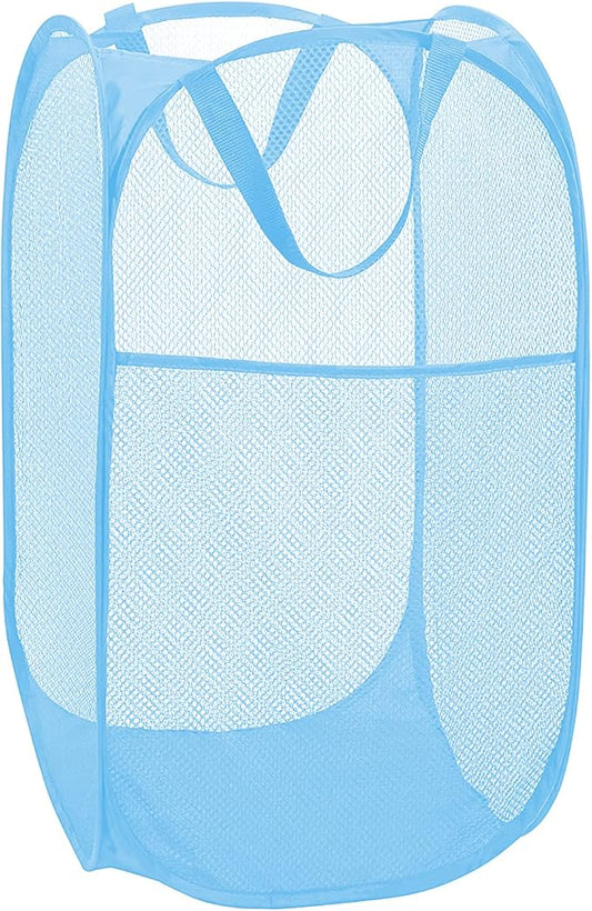 BATTOO Deluxe Strong Mesh Pop up Laundry Hamper Basket with Side Pocket Foldable Hamper for Laundry Room, Bathroom, Kids Room, College Dorm or Travel Light Blue