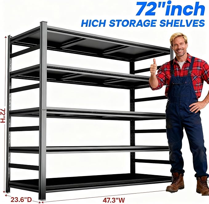 48" W Garage Shelving Garage Shelf Unit Storage Shelves Heavy Duty Metal Shelving Organizer Industrial Shelves for Warehouse Basement Kitchen Pantry, Black, 72" H X 48" W X 24" D
