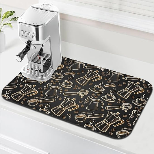 Black and Gold Coffee Tool Coffee Drying Mat 12" x 19", Absorbent Waterproof Coffee Station Mat, Protects Countertops from Spills Stains for Coffee Makers and Home Baristas