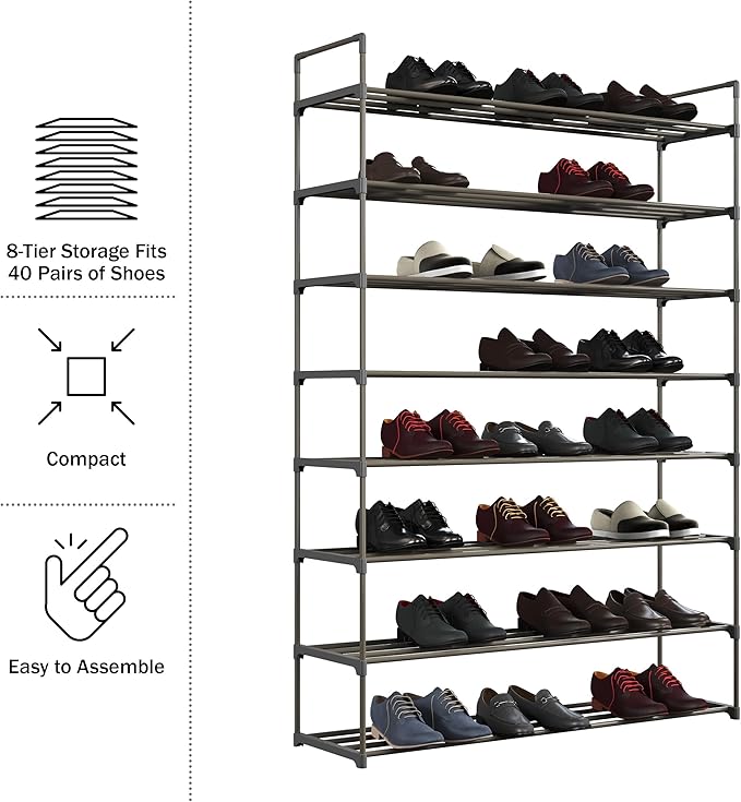 Home-Complete Shoe Rack - 8-Tier Shoe Organizer for Closet, Bathroom, Entryway - Shelf Holds 40 Pairs Sneakers, Heels, Boots (Gray)