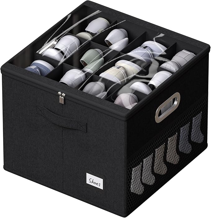 FHSQX Shoe Organizer for Closet,Fits 12 Pair,Shoe Storage Bins with Clear Cover & Adjustable Dividers for Shoes,Shoe Box Storage for Handbags,Blankets,Linen,Clothing (Black, (16.5 * 16.5 * 13) x1)
