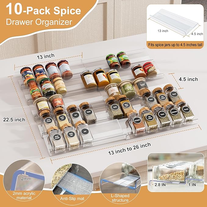 10-Pack Adjustable Spice Drawer Organizer, Expandable Seasoning Rack Tray (13" to 26"), Acrylic Spice Drawers Insert with Anti-Slip Mat, for Kitchen Cabinet (Jars not included)