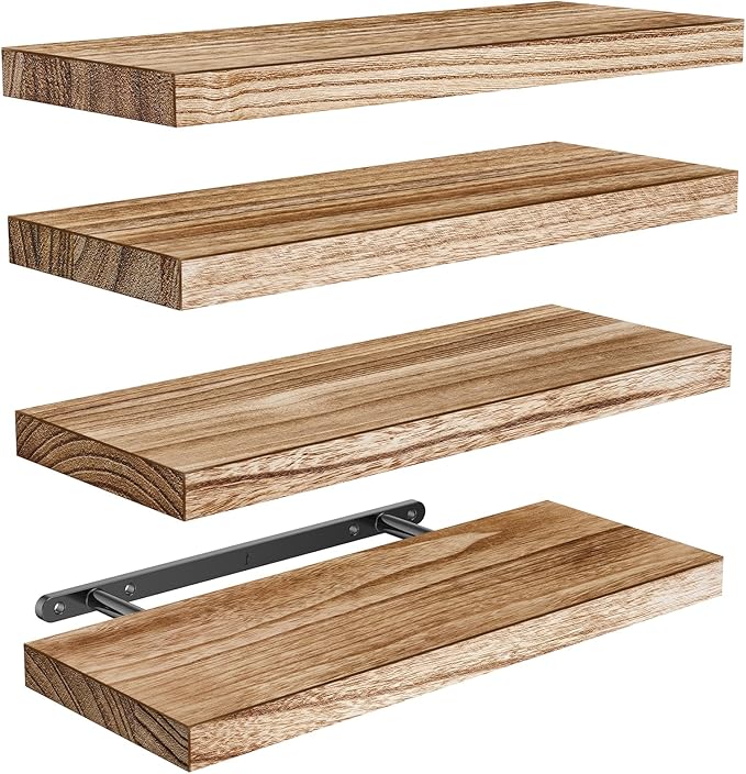 Amada Homefurnishing Floating Shelves, Paulownia Wood Wall Shelves for Living Room/Bedroom/Kitchen/Home Office, Wood Floating Shelf for Home Storage & Organization, Set of 4, 15.75″L x 5.91″W x 0.98″H