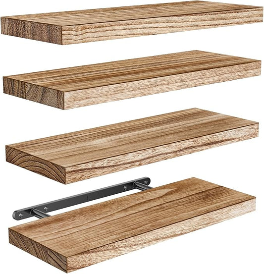 Amada Homefurnishing Floating Shelves, Paulownia Wood Wall Shelves for Living Room/Bedroom/Kitchen/Home Office, Wood Floating Shelf for Home Storage & Organization, Set of 4, 15.75″L x 5.91″W x 0.98″H