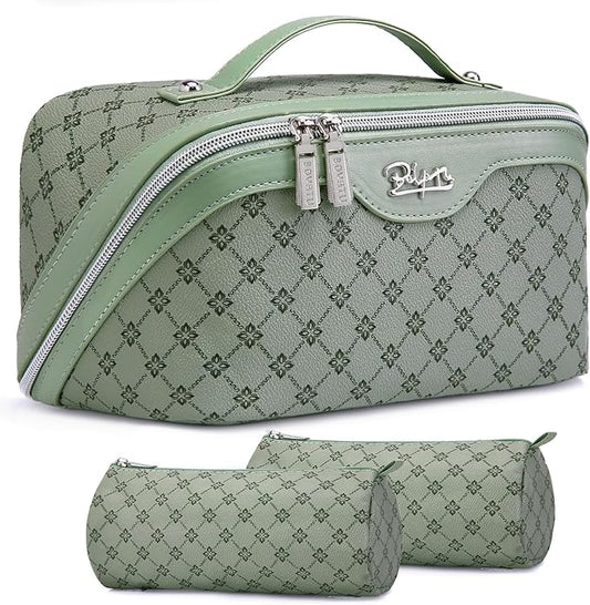 BOYATU Travel Makeup Bag Cosmetic Bags for Women: 3 Pcs Set Large Capacity Make up Bag with Handle - Vegan Leather Toiletry Bags with Compartments - Makeup Organizer for Travel Essentials(A-5-Green)