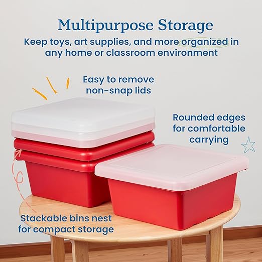 ECR4Kids Stackable Square Bins with Non-Snap Lids, Multipurpose Organization, Red, 4-Pack