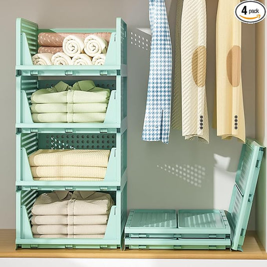 Closet Organizer, 4 Pack Stackable Storage Bins for Closet Shelves, Plastic Storage Drawers Basket Weekly Clothes Organizer for Kids(4L)（Green）