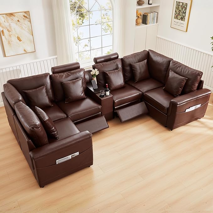 LEVNARY 6-Seat U Shaped Modular Sectional Sofa with Power Recliners, Upholstered Faux Leather Couch Storage Console with Charging Ports & Cup Holders, Living Room Couch Set for Home Office (Brown)