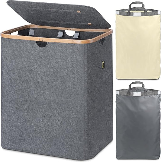 BALEINE Laundry Hamper with Lid, Tall Laundry Baskets with Bamboo Pull Handles, Large Laundry Bin with Internal Support (36 Gal/140L, Grey)