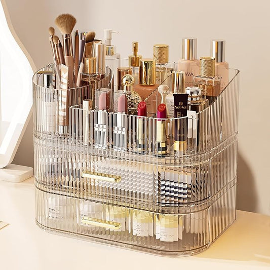 Makeup Organizer with 360 Rotating Brush Holder and Stackable Drawers, Cosmetic Display Case for Vanity, Bathroom Countertop (Clear, 3 Layer)
