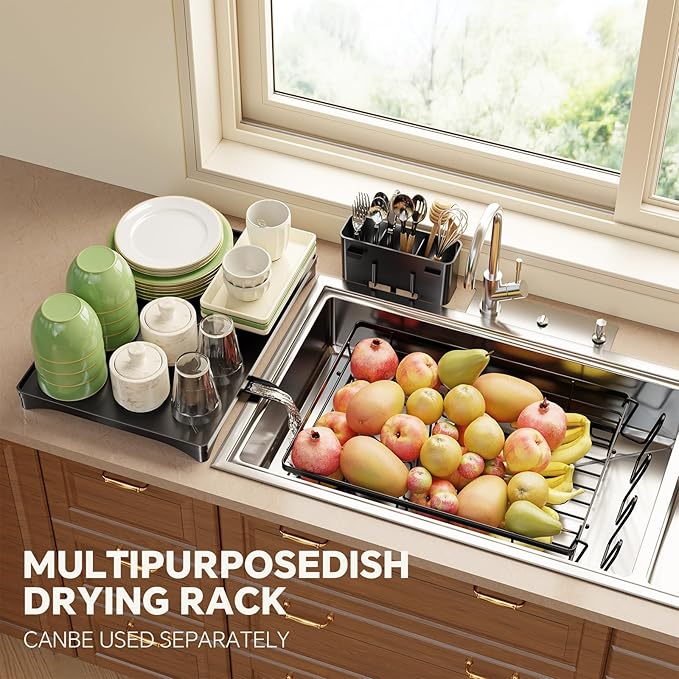Simple Trending Dish Drying Rack for Kitchen Counter, Rust-Resistant Dish Rack, Large Dish Drainer Organizer with Cutlery Holder & Cup Holders, Black