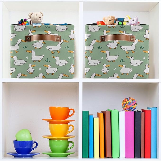 xigua Cartoon Goose Storage Basket Collapsible Storage Bins Waterproof Canvas Storage Basket with Leather Handles for Home Closets Offices,Bedrooms,Gift Baskets,1PCS