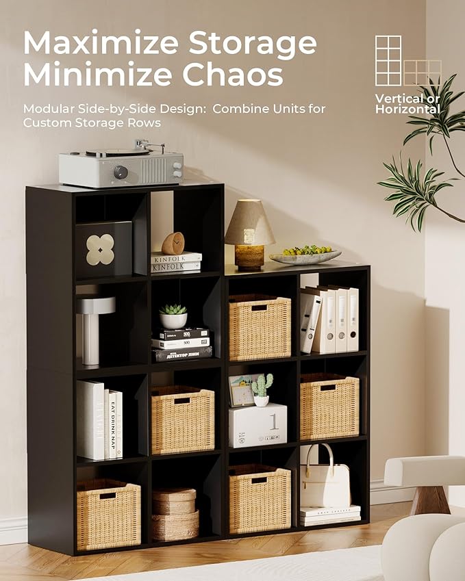 GTPLAYER 9-Cube Storage Organizer, Fits 11" Bins, Vertical or Horizontal Use, Opening Bookshelf, Partial Back Panels, Stackable Design Bookcase, for Living Room, Media Console, Hallway, Black