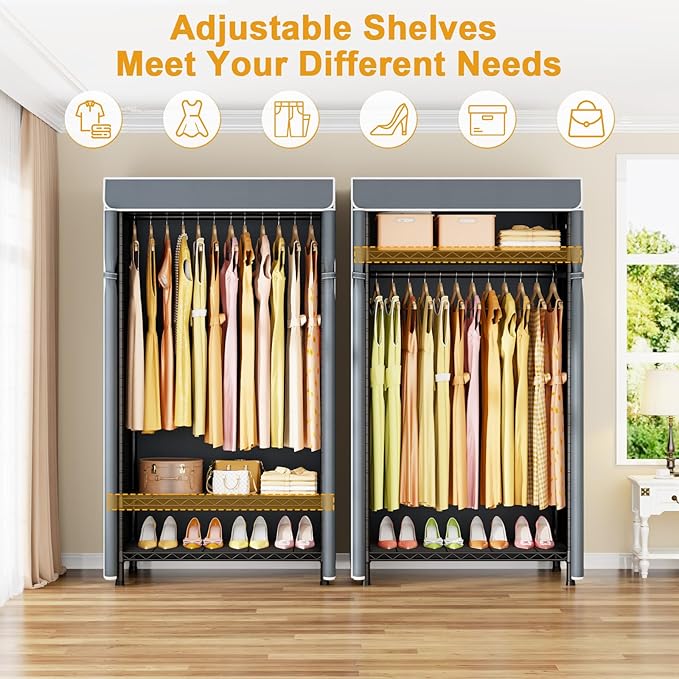 ULIFHOME H5C Clothes Rack with Cover, Portable Closet for Hanging Clothes, Covered Clothing Racks Heavy Duty, Freestanding Garment Racks with Shelves, Max Load 360LBS Black Closet Rack with Gray Cover
