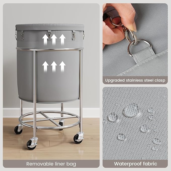 ELYKEN 190L Laundry Basket with Wheels, Large Rolling Laundry Hamper with Removable Liner Bag, Round Rolling Laundry Cart, Dirty Clothes Hamper for Hotel, Home, Closet, Dorm, Gray