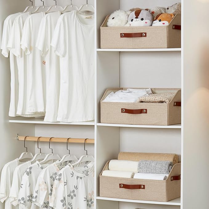 Bagnizer Closet Organizers and Storage, Linen Trapezoid Storage Bins with Handles, Collapsible Shelf Organizer for Blanket, Towel, Clothes, Hats, Purse (Khaki)