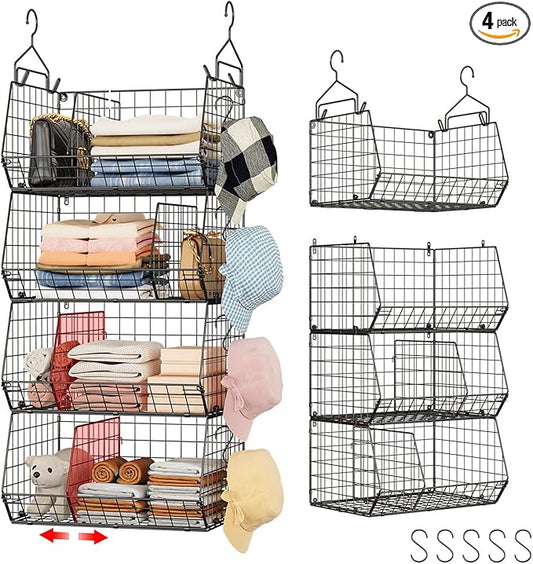 4 Tier Hanging Closet Organizer with Dividers,Extra Large Storage Hanging Shelf with 5 S Hooks 4 Dividers,Hang on wire closet shelving Clothes Organizer-Black
