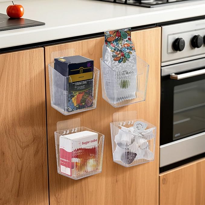 WRINGKIT 6 Pack Wall Mount Storage Bins, Plastic Clear Shower Basket Caddy with Self-Adhesive Hooks, Stackable Hanging Bin Basket Organizer Holder for Cabinet, Kitchen, Bathroom, Pantry, Under Sink