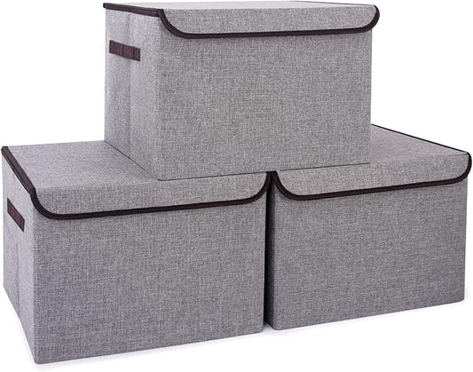 Bagnizer Large 17" 42 Quarts Collapsible Stackable Storage Bins with Lids [3-Pack] Foldable Fabric Linen Storage Boxes Cube, Closet Organizer Baskets with Label for Home (16.7 x 12 x 12, Gray)