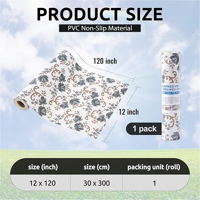 FIFTY FEET 12X120 Inch Shelf Liner for Kitchen Cabinets, PVC Drawer Liner for Dresser Non-Slip Bathroom, Non-Adhesive Cabinet Liner Washable (Black Floral)(1 Roll)