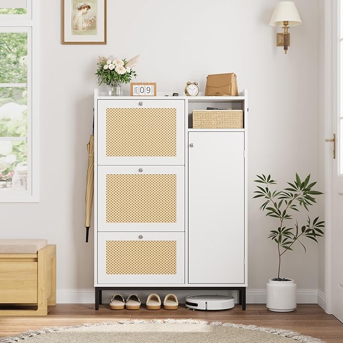 GarveeHome Shoe Cabinet Rattan with 3 Flip Drawers and 4-Tier Shoe Storage Cabinet, Freestanding Shoe Organizer with Adjustable Shelves for Entryway, Closet, Hallway (White)