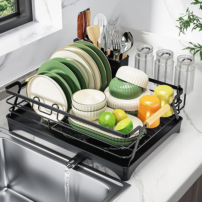 Epicano Dish Drying Rack for Kitchen Counter - Large Capacity Dish Rack with Wooden Handle,Cup Holder & Knife Slots, Rustproof Dish Drainer with Auto-Drainage System, Kitchen Sink Organizer, Black