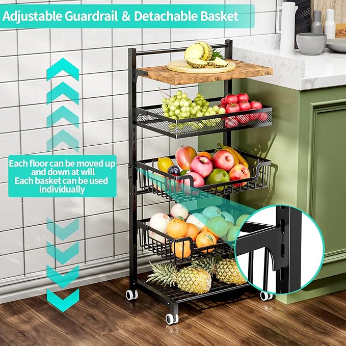 HapiRm Fruit Basket Kitchen Cart - 5 Tier Adjustable Vegetable Storage Rack, Large Capacity Rolling Kitchen Carts on Wheels for Snack Onion and Potato Storage