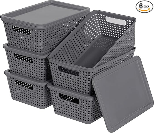 Plastic Storage Baskets With Lid, Storage Bins for Organizing, Stackable Decorative Containers for Shelves Drawers Desktop Closet Playroom Classroom Office, 6 Pack-Grey