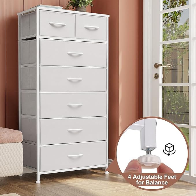 Crestlive Products Vertical Dresser Storage Tower - Sturdy Steel Frame, Wood Top, Easy Pull Fabric Bins, Handles - Organizer Unit for Bedroom, Hallway, Entryway, Closets - 7 Drawers (White)