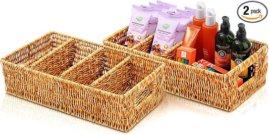 Nature-Inspired Rattan Pantry Organizer Baskets Set of 2 with 3 Removable Dividers – Handwoven Storage Bins for Kitchen or Bathroom Organization, Ideal for Snacks, Coffee & Tea (13” x 7.3” x 3.7”)