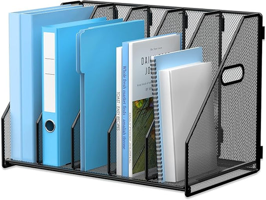 MINDEPOT Desk File Organizer Metal Desk Magazine Folder Holder with 5 Vertical Compartments Rack File Organizer for Office, Home, School, Black
