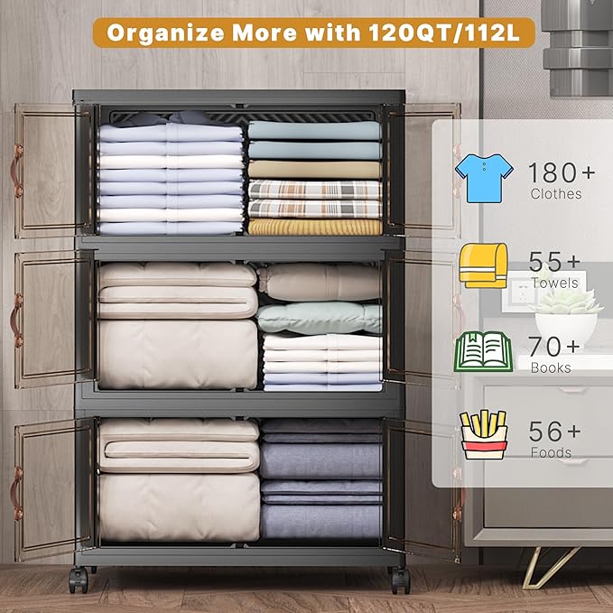 UAMFURI Extra Large Stackable Storage Bins with Lids & Wheels, 360QT-120QT/30GAL*3Pack Foldable Collapsible Closet Organizers Storage Cabinet with Doors for Bedroom Dorm