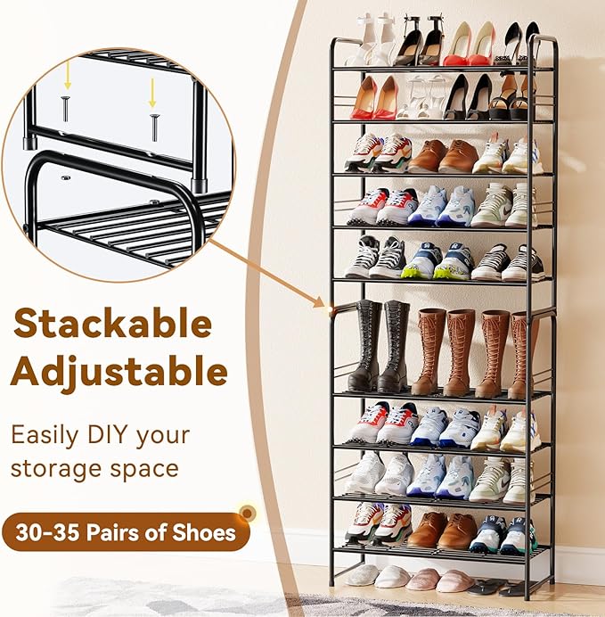 Shoe Rack, 5-Tier Metal Shoe Shelf Storage Organizer for Closet, Entryway, Stackable Black