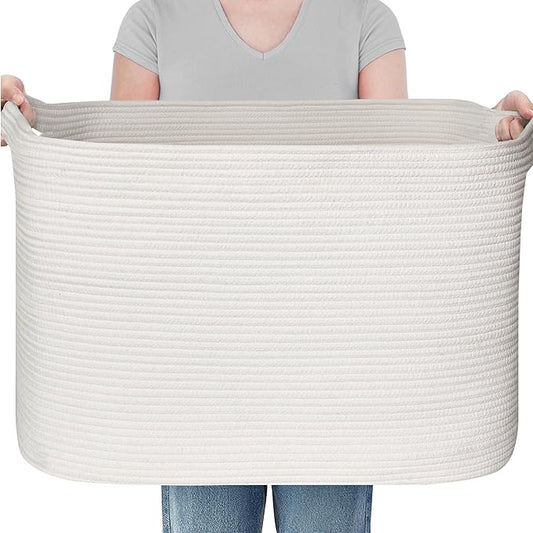 MEGASKET 108L Extra Large Storage Basket, 25" x 16" x 16" White Blanket Basket Living Room, Oversized Cotton Rope Blanket Storage, Woven Kids Dog Toy Bin Box Organizer, Laundry Shoes Towel Bin, White