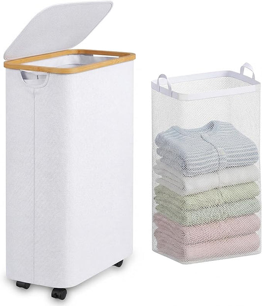 Laundry Basket with Wheels, 75L Clothes Hamper for Laundry, Laundry Hamper with Lid and Inner Bag, for Laundry Room, Bedroom, Dormitory Storage,White