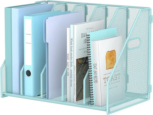 MINDEPOT Desk File Organizer Metal Desk Magazine Folder Holder with 5 Vertical Compartments Rack File Organizer for Office, Home, School (Blue)