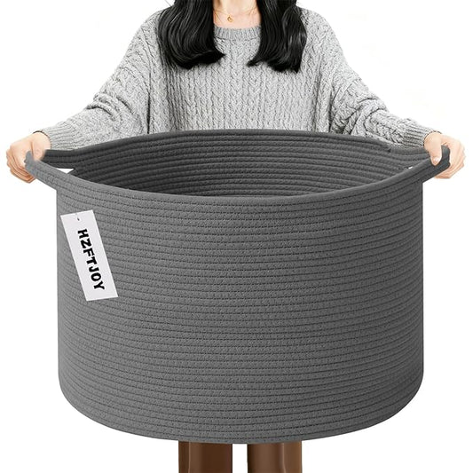 90L Extra Large Blanket Basket,Rope Woven Storage Basket with Handles, Laundry Hamper for Toys, Clothes, Pillows & Towels, Perfect for Living Room, Nursery & Bedroom,Dark Gry