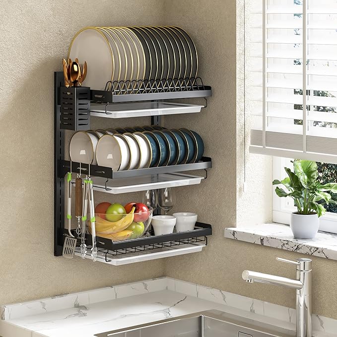 PUSDON 3 Tier Wall Mounted Dish Drying Rack, Black Rustproof Hanging Dish Drainer Organizer with Utensil Holder & Removable Drainboards, Adjustable Heavy Duty Kitchen Space Saver