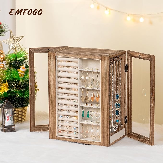 Emfogo 360° Rotating Jewelry Box for Women, Rustic Wooden Jewelry Organizer Box with 5 Drawers, Glass Doors, Vertical Open Design Jewelry Storage Case Display for Earrings Rings Necklaces Bracelets