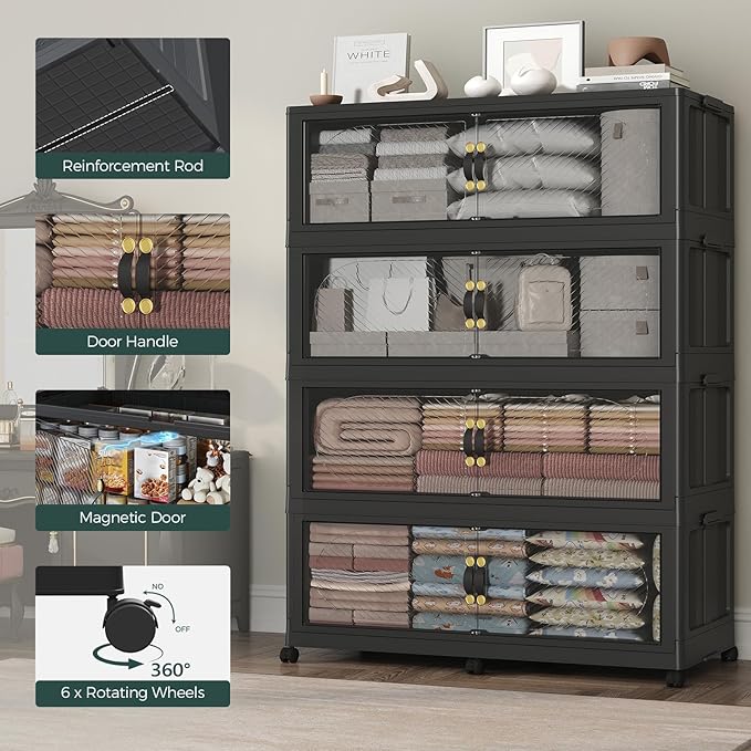 300Gal/1200QT 5-Tiers Extra Large Stackable Storage Bins with Lid, Collapsible Cabinet Closet Organizer Plastic Container Box with Wheels Doors Drawers for Office Dorm Kitchen Office, Black