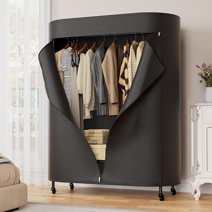 Clothes Rack with Cover, Heavy Duty Portable Closet for Hanging Clothes, Rolling Clothing Closet, Garment Rack with Wheels&Side Hooks, Closet Organizers and Storage with Black Cover, Max Load 380LBS