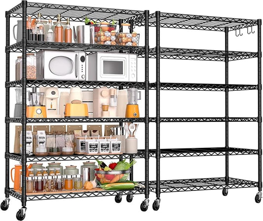 PrimeZone 6 Tier Wire Shelving with Wheels 78''H 1500lbs Storage Shelves NSF Certified Heavy Duty Steel Metal Shelf Adjustable Rolling Rack Kitchen Garage Closet Pantry Laundry 78''HX36''WX18''D 2Pcs