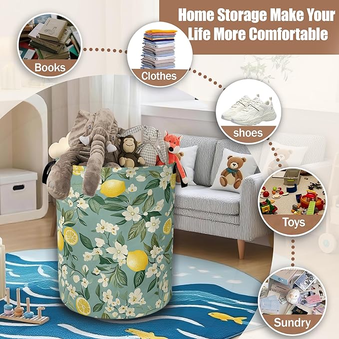 Vintage Lemon Flowers Laundry Basket,Waterproof Foldable Laundry Hamper,Dirty Clothes Basket, Linen Bin Storage Organizer Collection 16" x 20.8"