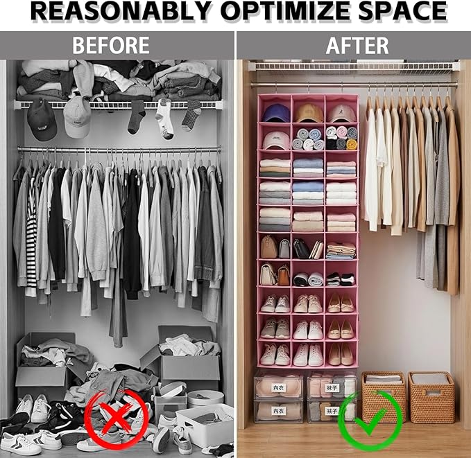coastal rose Hanging Shoe Organizer for Closet, 30 Sections Hanging Closet Organizers and Storage Shelves Space Saving Shoe Racks Holder Pink,17" W×11.5" Dx 48" H
