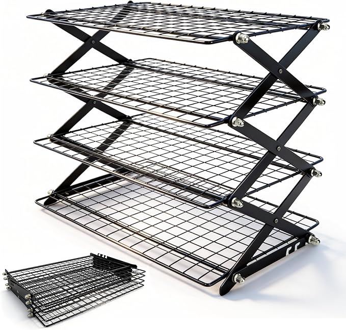 4 Tier Collapsible Cooling Rack - 3 Setting Adjustable & Stackable Stainless Steel Baking Rack, Stackable Cooling Racks for Baking, Cookies, Cakes, Roasting, Grilling, Drying, Space-Saving (Black)